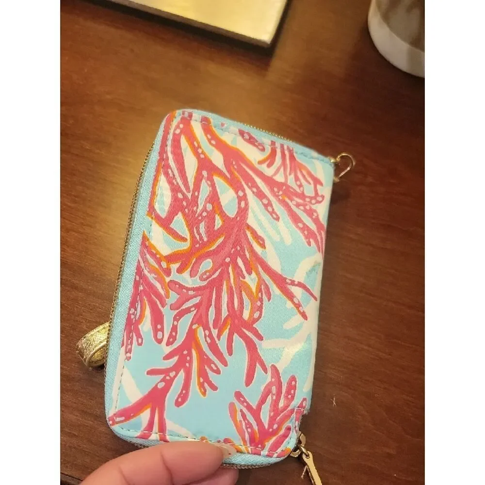 Lilly Pulitzer Coral Print Wristlet in Light Blue, Pink, Gold
